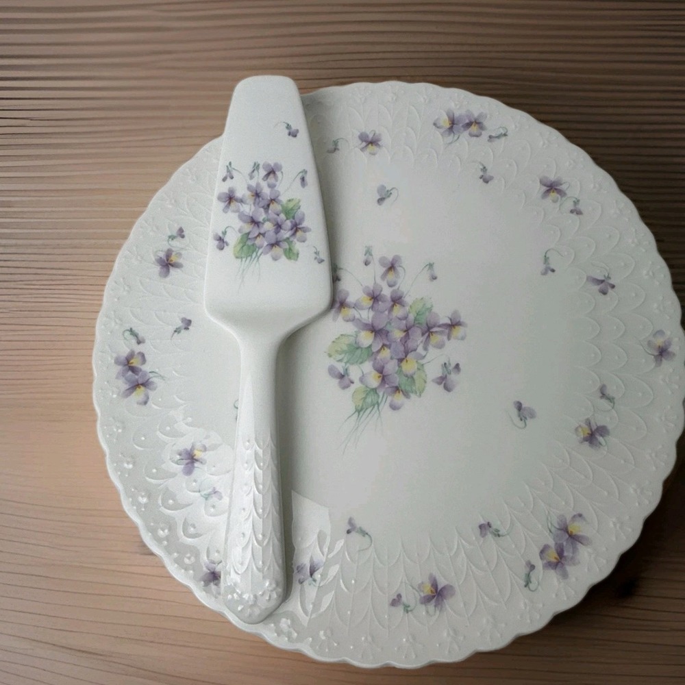 Mikasa Blue Violets Cake Plate W/ Serving Spatula Bone China Platter 11.5" B2057